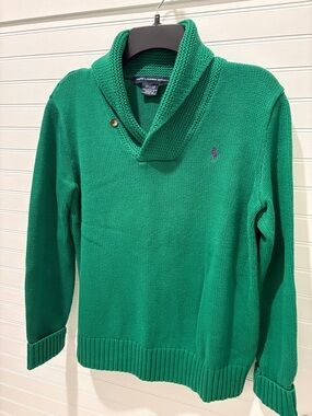 Ralph Lauren Green Shawl-Collar Cotton Sweater with Purple Pony